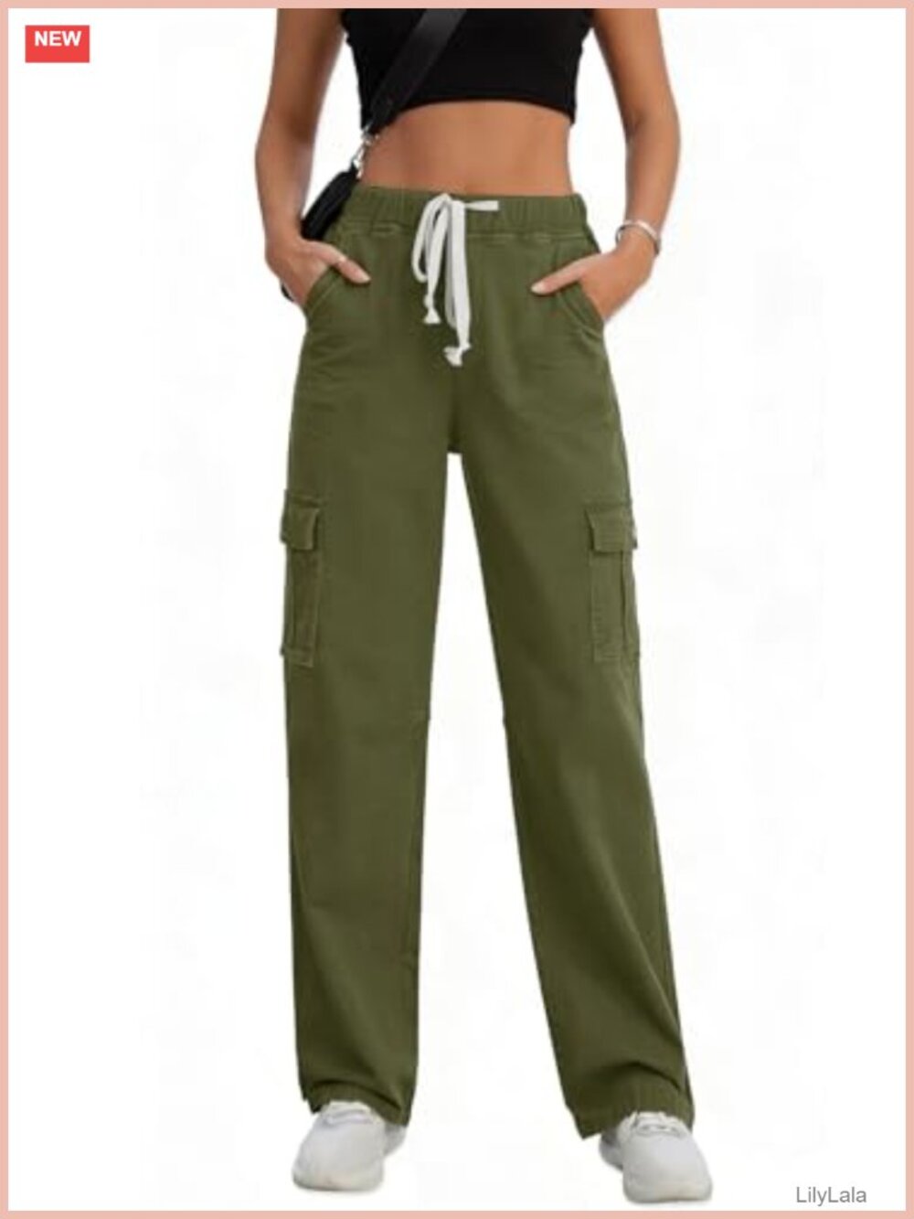 High Waisted Stretchy Cargo Chino Pants Drawstring Pull On Trousers